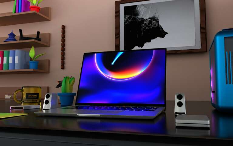 a laptop computer sitting on top of a desk