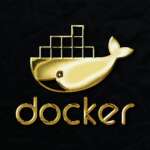 a golden docker logo on a black background